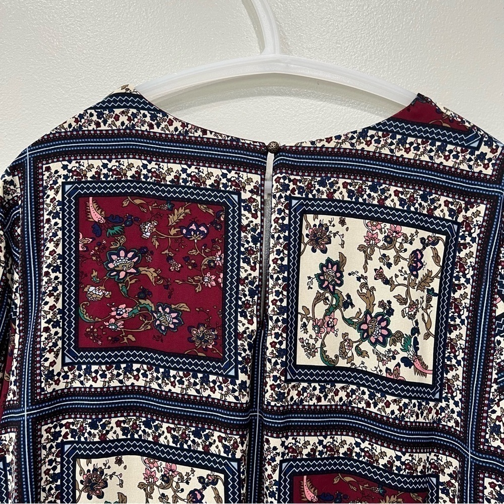Lulu's Burgundy, Cream & Navy Patchwork Floral Ruffle-Hem Mini Dress - Picture 7 of 12